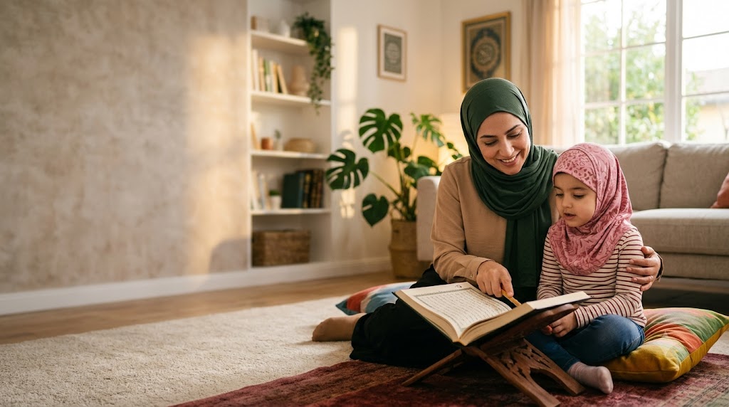 A Muslim mother wearing hijab reading Quran with her young child in warm light